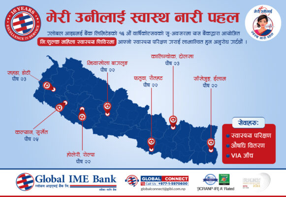 ग्लोबल आइएमई बैंकद्वारा मेरी उनीलाई स्वस्थ नारी पहलअन्तर्गत निःशुल्क स्वास्थ्य शिविर सञ्चालन
